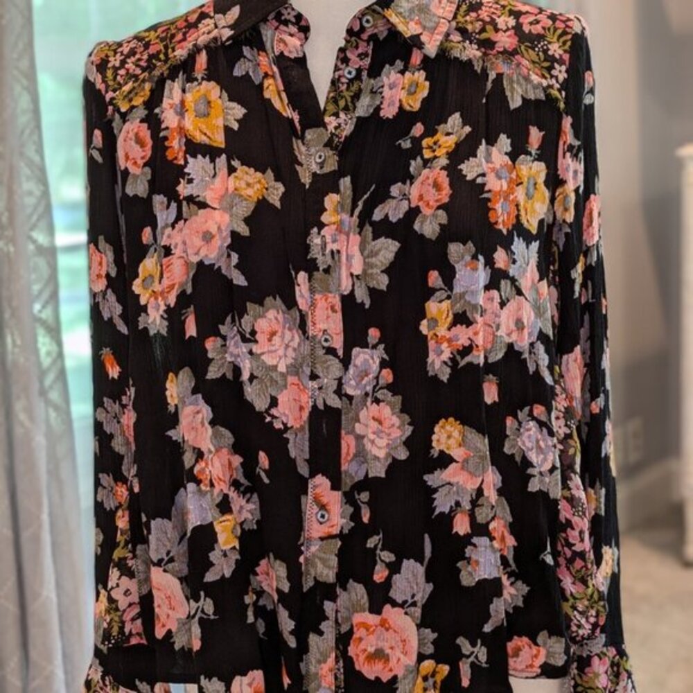 Free People Black Floral Mixed Media Button Down Blouse Top‎